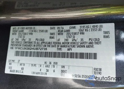 2017 Ford Escape Se z USA, uszkodzony, nr VIN 1FMCU9G92HUB72735